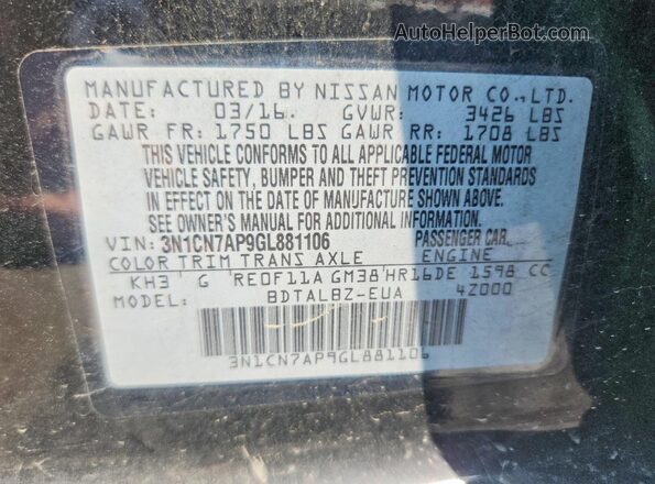 3N1CN7AP9GL881106 2016 NISSAN VERSA Black Շարժիչի բաժամունքի տեսք