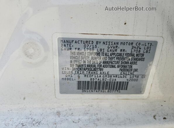 3N1CN7APXGL807791 2016 NISSAN VERSA White Widok komory silnika