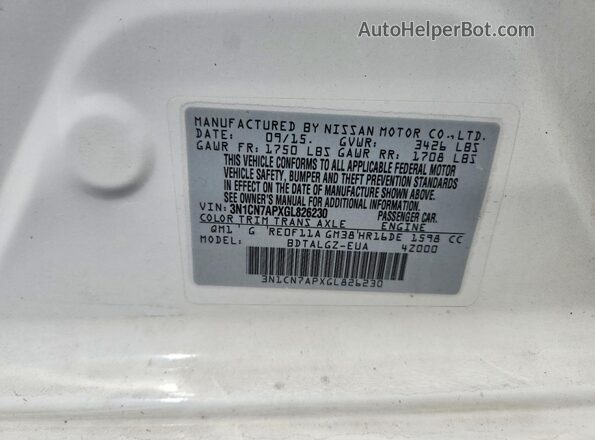 3N1CN7APXGL826230 2016 NISSAN VERSA White Widok naklejki z numerem VIN