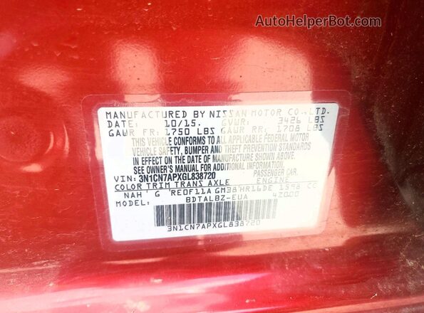 3N1CN7APXGL838720 2016 NISSAN VERSA Red Engine compartment view