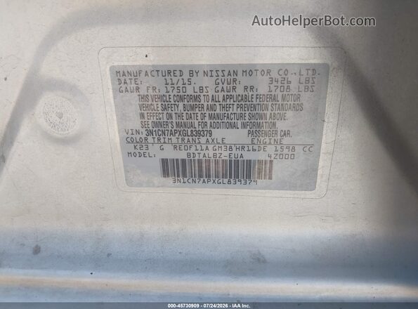 3N1CN7APXGL839379 2016 NISSAN VERSA Silver ძრავის განყოფილების ხედი