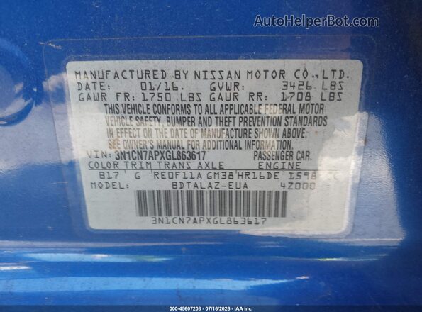 3N1CN7APXGL863617 2016 NISSAN VERSA Blue Widok komory silnika