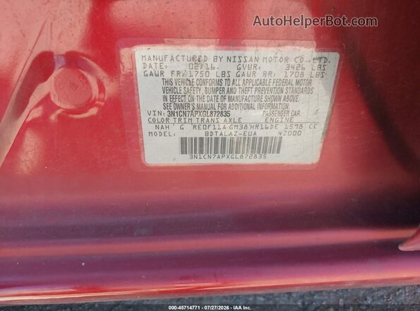 3N1CN7APXGL872835 2016 NISSAN VERSA Темно-бордовый Вид подкапотного пространства