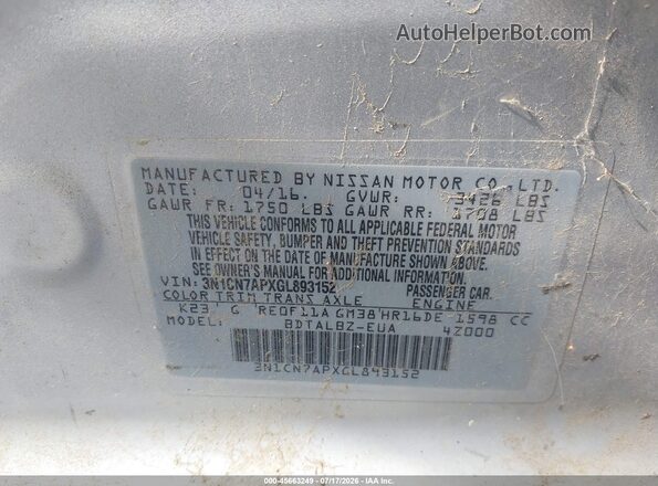 3N1CN7APXGL893152 2016 NISSAN VERSA Серебряный Вид подкапотного пространства