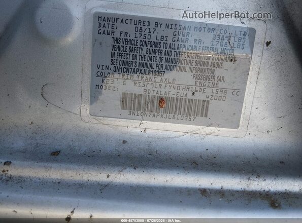 3N1CN7APXJL810357 2018 NISSAN VERSA Silver ძრავის განყოფილების ხედი