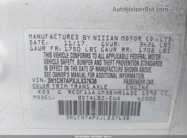 3N1CN7APXJL837638 2018 NISSAN VERSA Silver Շարժիչի բաժամունքի տեսք