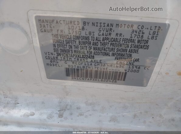 3N1CN7APXKL822428 2019 NISSAN VERSA White Vista del compartimento del motor