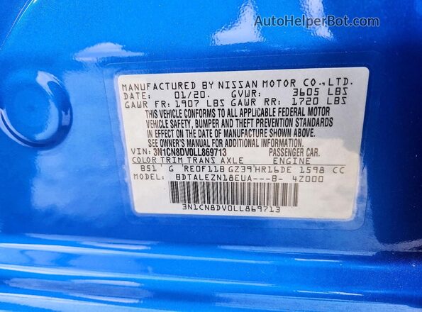 3N1CN8DV0LL869713 2020 NISSAN VERSA Blue VIN կոդի պիտակի տեսք