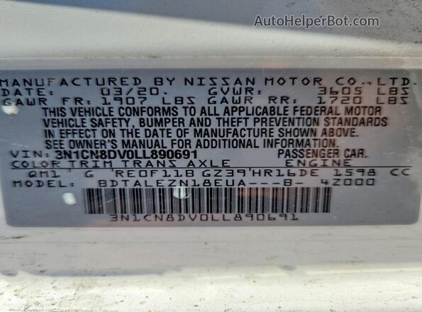 3N1CN8DV0LL890691 2020 NISSAN VERSA White Widok komory silnika