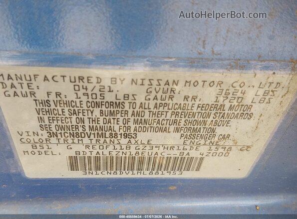 3N1CN8DV1ML881953 2021 NISSAN VERSA Синий Вид подкапотного пространства