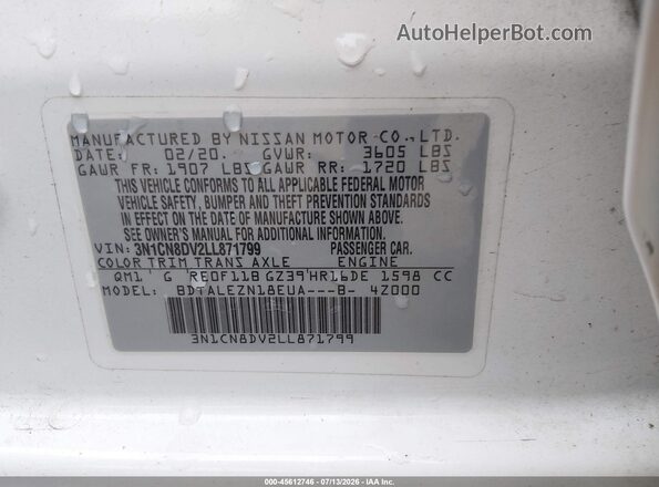 3N1CN8DV2LL871799 2020 NISSAN VERSA White ძრავის განყოფილების ხედი