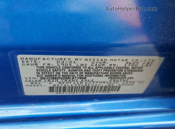3N1CN8DV2ML877958 2021 NISSAN VERSA Blue Вид наклейки з VIN-кодом