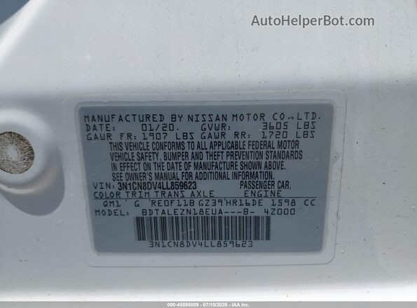 3N1CN8DV4LL859623 2020 NISSAN VERSA White Вид підкапотного простору