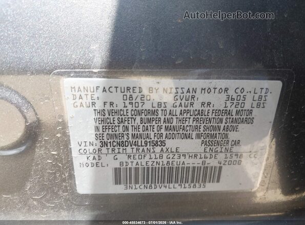 3N1CN8DV4LL915835 2020 NISSAN VERSA Серый Вид подкапотного пространства