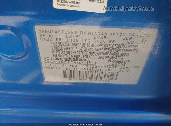 3N1CN8DV4ML860403 2021 NISSAN VERSA Blue Շարժիչի բաժամունքի տեսք