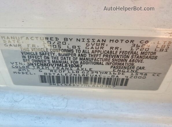 3N1CN8DV7ML810367 2021 NISSAN VERSA White Вид наклейки з VIN-кодом