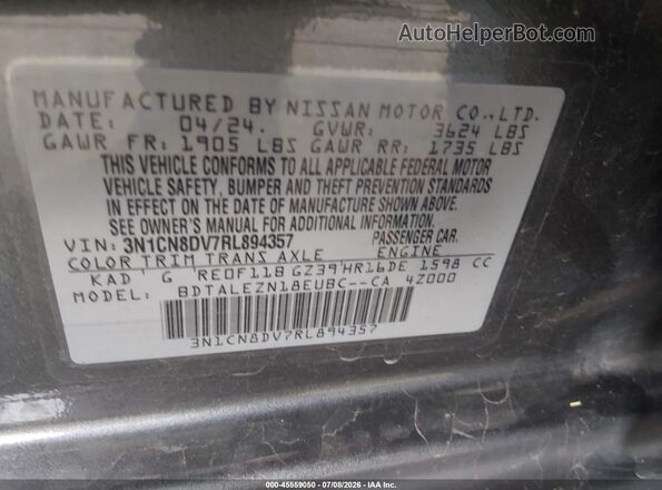 3N1CN8DV7RL894357 2024 NISSAN VERSA Серый Вид подкапотного пространства