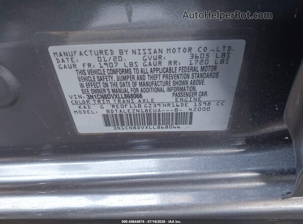 3N1CN8DVXLL868066 2020 NISSAN VERSA Gray Widok komory silnika