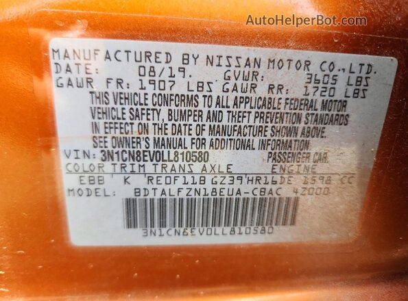 3N1CN8EV0LL810580 2020 NISSAN VERSA Orange Widok komory silnika