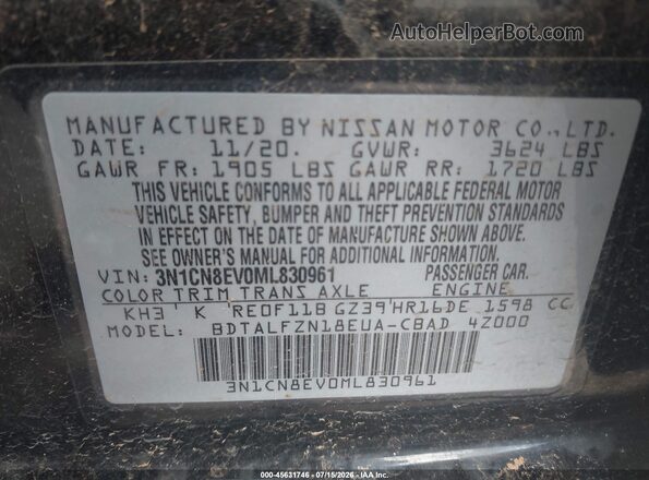 3N1CN8EV0ML830961 2021 NISSAN VERSA Черный Вид подкапотного пространства