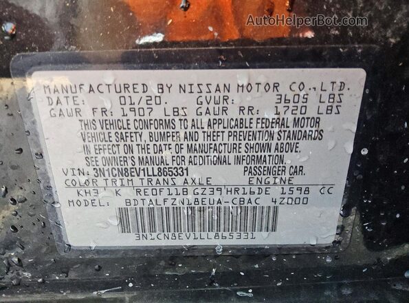 3N1CN8EV1LL865331 2020 NISSAN VERSA Black წინა ხედი