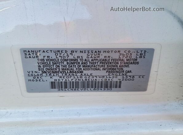 3N1CN8EV2LL804330 2020 NISSAN VERSA White VIN კოდის სტიკერის ხედი