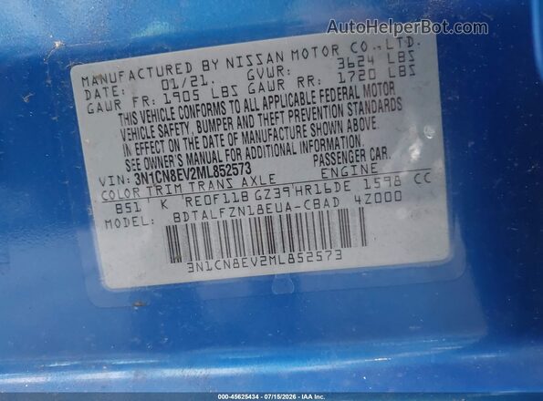 3N1CN8EV2ML852573 2021 NISSAN VERSA Blue Engine compartment view
