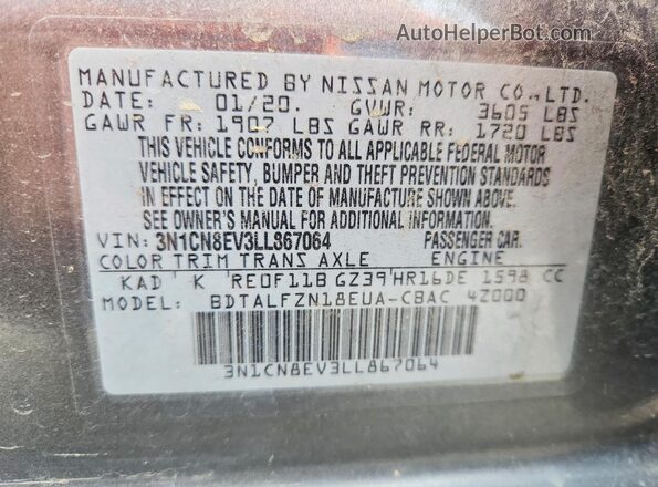 3N1CN8EV3LL867064 2020 NISSAN VERSA Gray Շարժիչի բաժամունքի տեսք