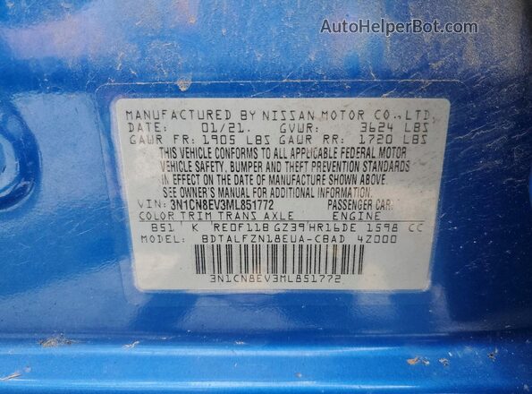 3N1CN8EV3ML851772 2021 NISSAN VERSA Синий Вид наклейки с VIN-кодом