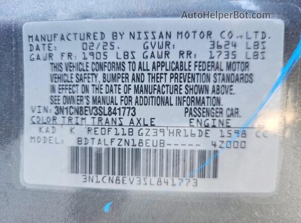 3N1CN8EV3SL841773 2025 NISSAN VERSA Gray Вид наклейки з VIN-кодом