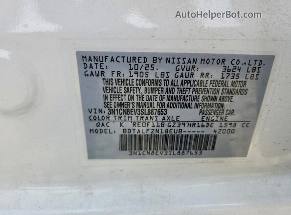 3N1CN8EV3SL887653 2025 NISSAN VERSA White Widok naklejki z numerem VIN