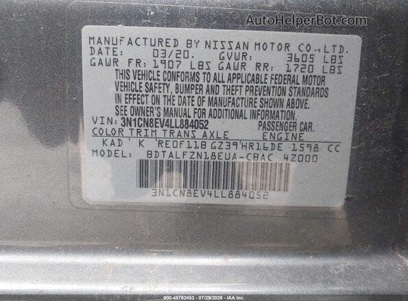 3N1CN8EV4LL884052 2020 NISSAN VERSA Gray Engine compartment view