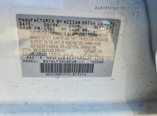 3N1CN8EV4SL875141 2025 NISSAN VERSA White Vista de la etiqueta del VIN