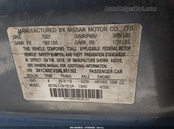 3N1CN8EV5ML861302 2021 NISSAN VERSA Gray Շարժիչի բաժամունքի տեսք