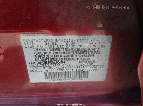 3N1CN8EV5ML904181 2021 NISSAN VERSA Красный Вид подкапотного пространства