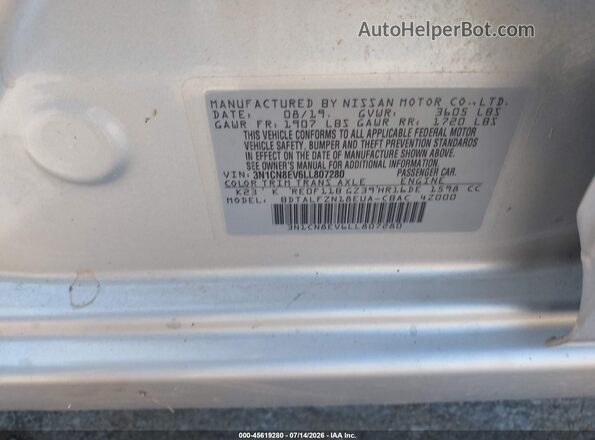 3N1CN8EV6LL807280 2020 NISSAN VERSA Silver Vista del compartimento del motor
