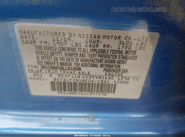 3N1CN8EV6LL844698 2020 NISSAN VERSA Blue Engine compartment view