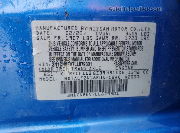 3N1CN8EV7LL879301 2020 NISSAN VERSA Синий Вид подкапотного пространства
