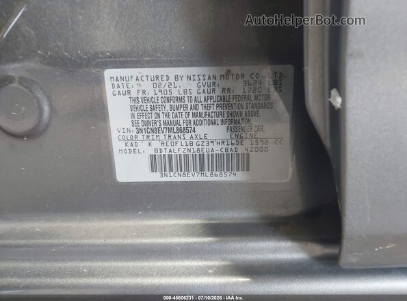 3N1CN8EV7ML868574 2021 NISSAN VERSA Gray ძრავის განყოფილების ხედი