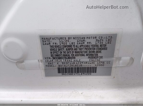 3N1CN8EV7SL894220 2025 NISSAN VERSA White Widok komory silnika