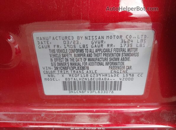 3N1CN8FV3PL833078 2023 NISSAN VERSA Red ძრავის განყოფილების ხედი