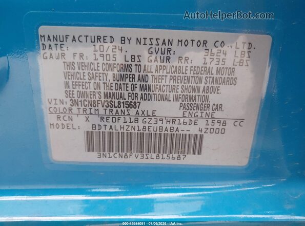 3N1CN8FV3SL815687 2025 NISSAN VERSA Синий Вид подкапотного пространства