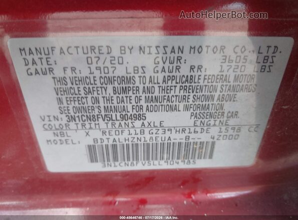 3N1CN8FV5LL904985 2020 NISSAN VERSA Red ძრავის განყოფილების ხედი