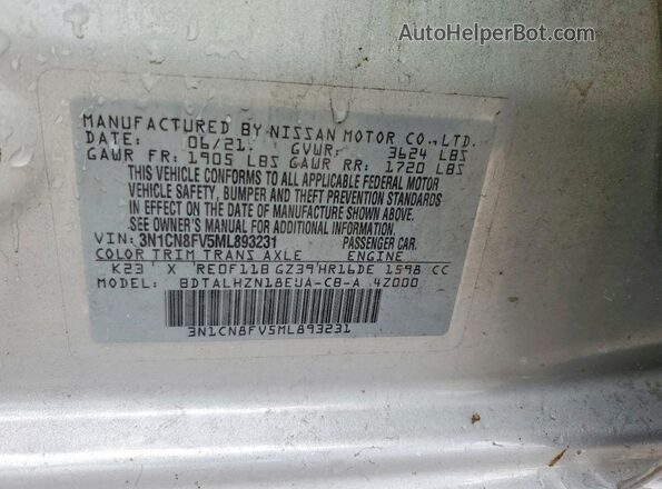 3N1CN8FV5ML893231 2021 NISSAN VERSA Silver Vista del compartimento del motor