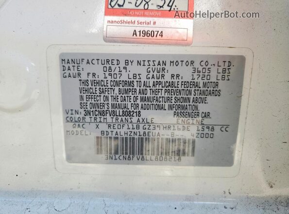 3N1CN8FV8LL808218 2020 NISSAN VERSA White Vista de la etiqueta del VIN