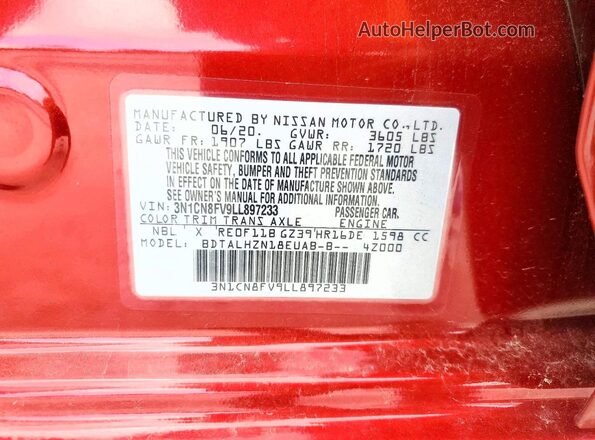 3N1CN8FV9LL897233 2020 NISSAN VERSA Maroon Widok naklejki z numerem VIN