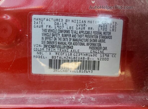3N1CN8FVXLL812643 2020 NISSAN VERSA Red Widok komory silnika