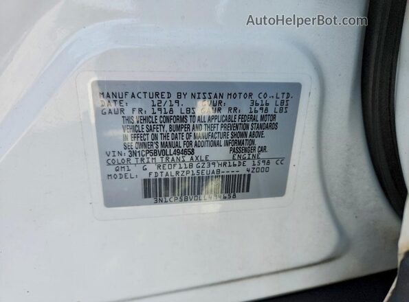 3N1CP5BV0LL494658 2020 NISSAN KICKS White VIN sticker view