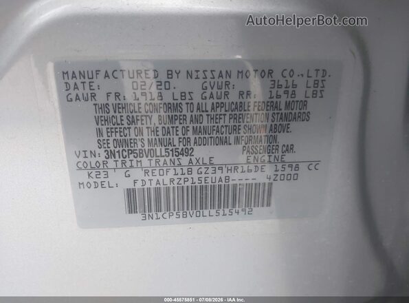 3N1CP5BV0LL515492 2020 NISSAN KICKS Silver Շարժիչի բաժամունքի տեսք