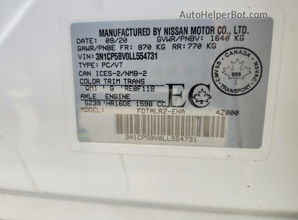 3N1CP5BV0LL554731 2020 NISSAN KICKS Белый Панорамный вид салона 360°